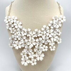 Serefina Mega Floral Statement Necklace White Gold Tone Crystal Spring Bib